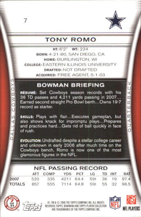 2008 Bowman #7 Tony Romo back image