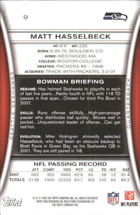 2008 Bowman #9 Matt Hasselbeck back image