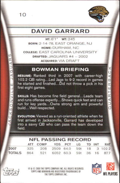 2008 Bowman #10 David Garrard back image