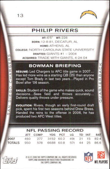 2008 Bowman #13 Philip Rivers back image