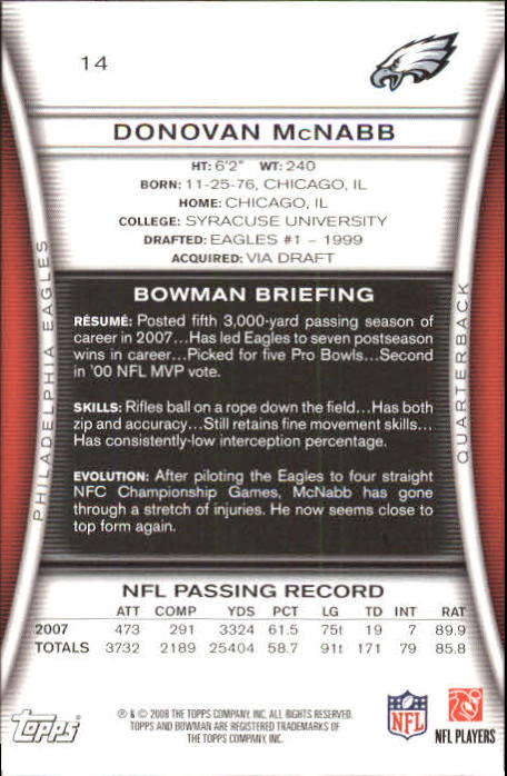 2008 Bowman #14 Donovan McNabb back image