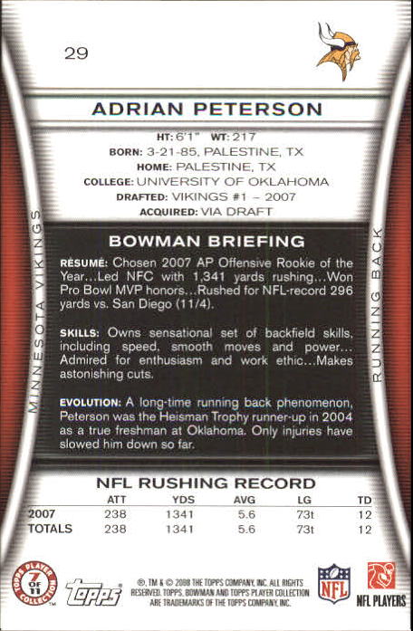 2008 Bowman #29 Adrian Peterson back image