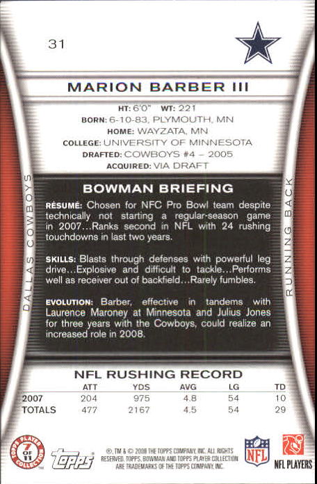 2008 Bowman #31 Marion Barber back image