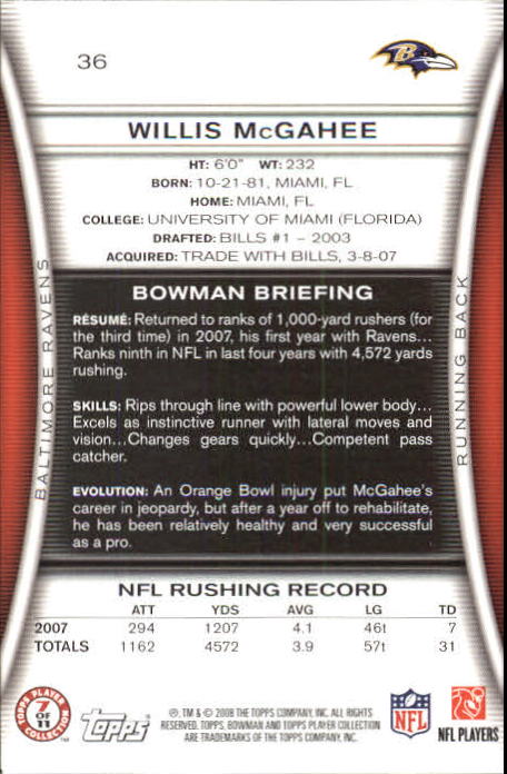 2008 Bowman #36 Willis McGahee back image