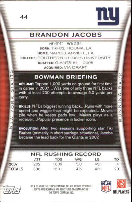 2008 Bowman #44 Brandon Jacobs back image