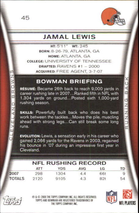 2008 Bowman #45 Jamal Lewis back image