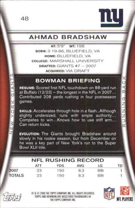 A5003- 2008 Bowman Football Card #s 1-250 +Rookies -You Pick- 15+ FREE US SHIP - Picture 91 of 479