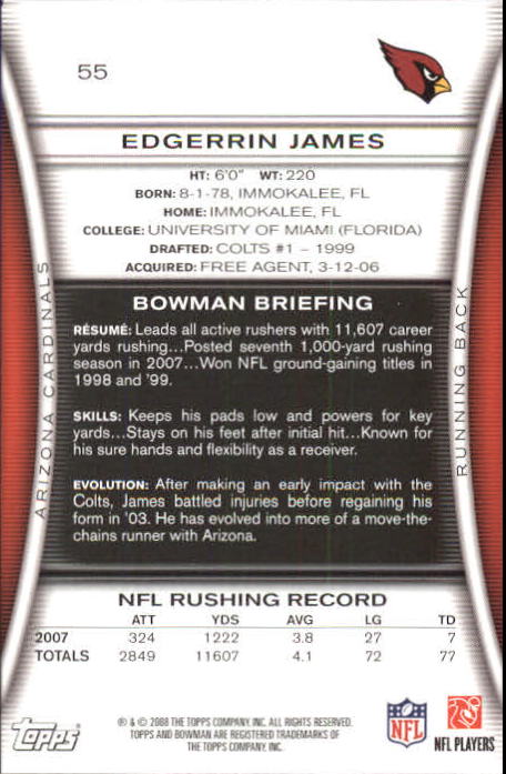 2008 Bowman #55 Edgerrin James back image