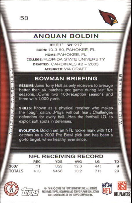 2008 Bowman #58 Anquan Boldin back image