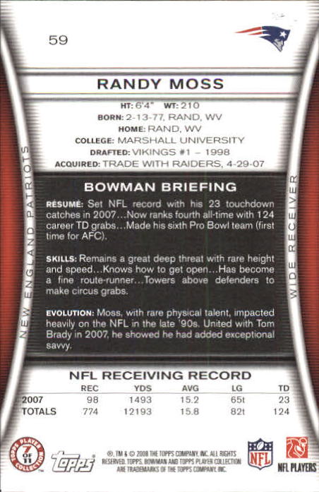 2008 Bowman #59 Randy Moss back image