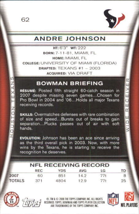 2008 Bowman #62 Andre Johnson back image