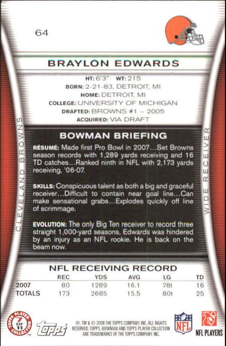A5003- 2008 Bowman Football Card #s 1-250 +Rookies -You Pick- 15+ FREE US SHIP - Picture 123 of 479