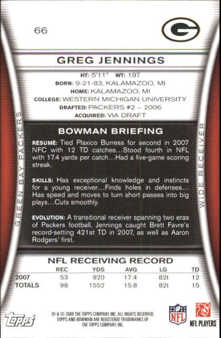 2008 Bowman #66 Greg Jennings back image
