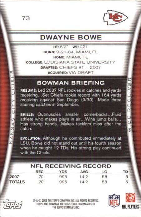 2008 Bowman #73 Dwayne Bowe back image