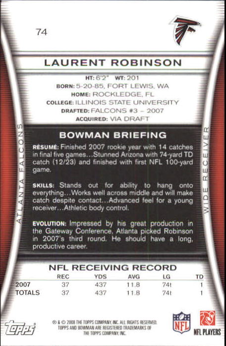 2008 Bowman #74 Laurent Robinson back image