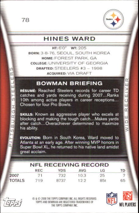 2008 Bowman #78 Hines Ward back image