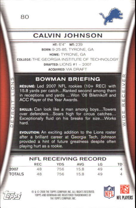 2008 Bowman #80 Calvin Johnson back image