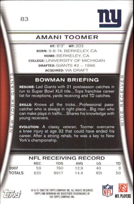 2008 Bowman #83 Amani Toomer back image