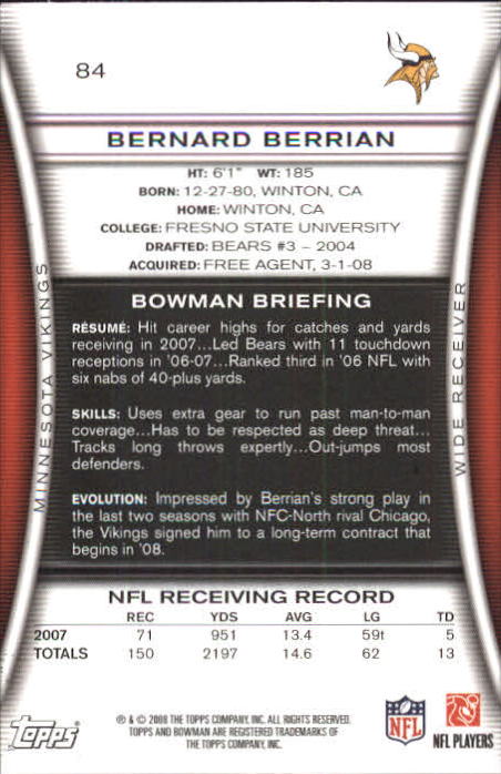 2008 Bowman #84 Bernard Berrian back image
