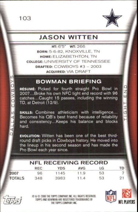 2008 Bowman #103 Jason Witten back image