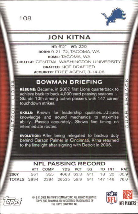 A5003- 2008 Bowman Football Card #s 1-250 +Rookies -You Pick- 15+ FREE US SHIP - Picture 203 of 479