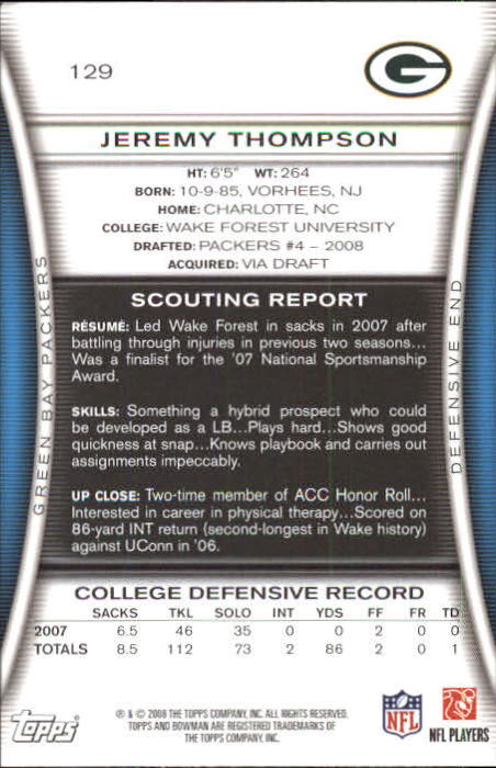 A5003- 2008 Bowman Football Card #s 1-250 +Rookies -You Pick- 15+ FREE US SHIP - Picture 245 of 479