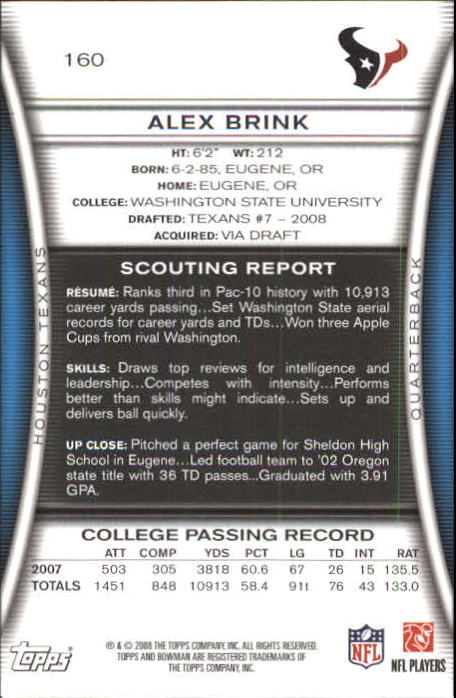 2008 Bowman #160 Alex Brink RC back image