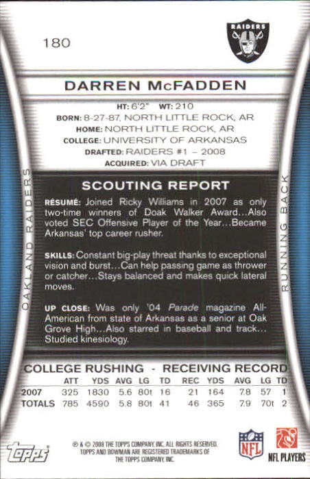 2008 Bowman #180 Darren McFadden RC back image