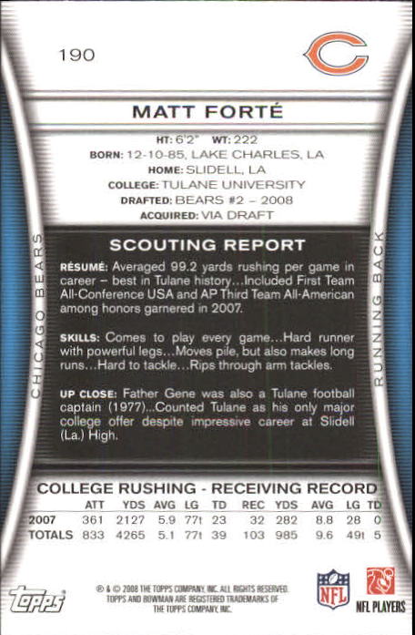 2008 Bowman #190 Matt Forte RC back image