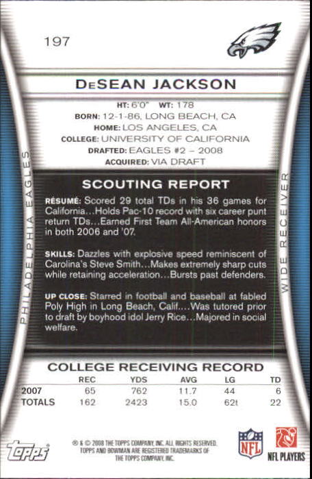 2008 Bowman #197 DeSean Jackson RC back image