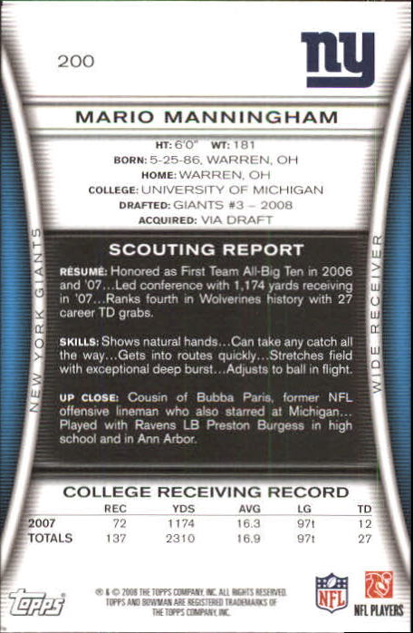 A5003- 2008 Bowman Football Card #s 1-250 +Rookies -You Pick- 15+ FREE US SHIP - Picture 381 of 479