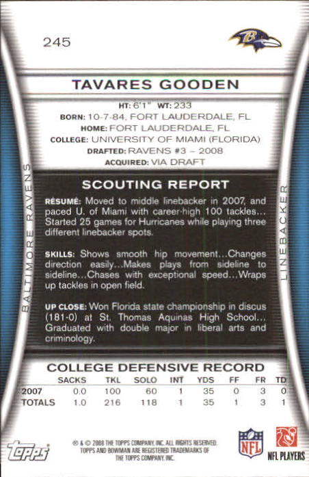 2008 Bowman #245 Tavares Gooden RC back image