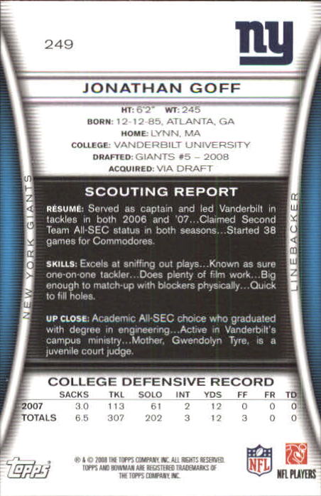A5003- 2008 Bowman Football Card #s 1-250 +Rookies -You Pick- 15+ FREE US SHIP - Picture 477 of 479