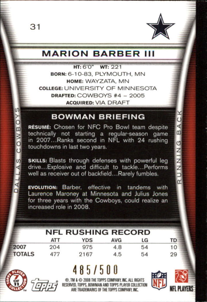 2008 Bowman Blue #31 Marion Barber back image