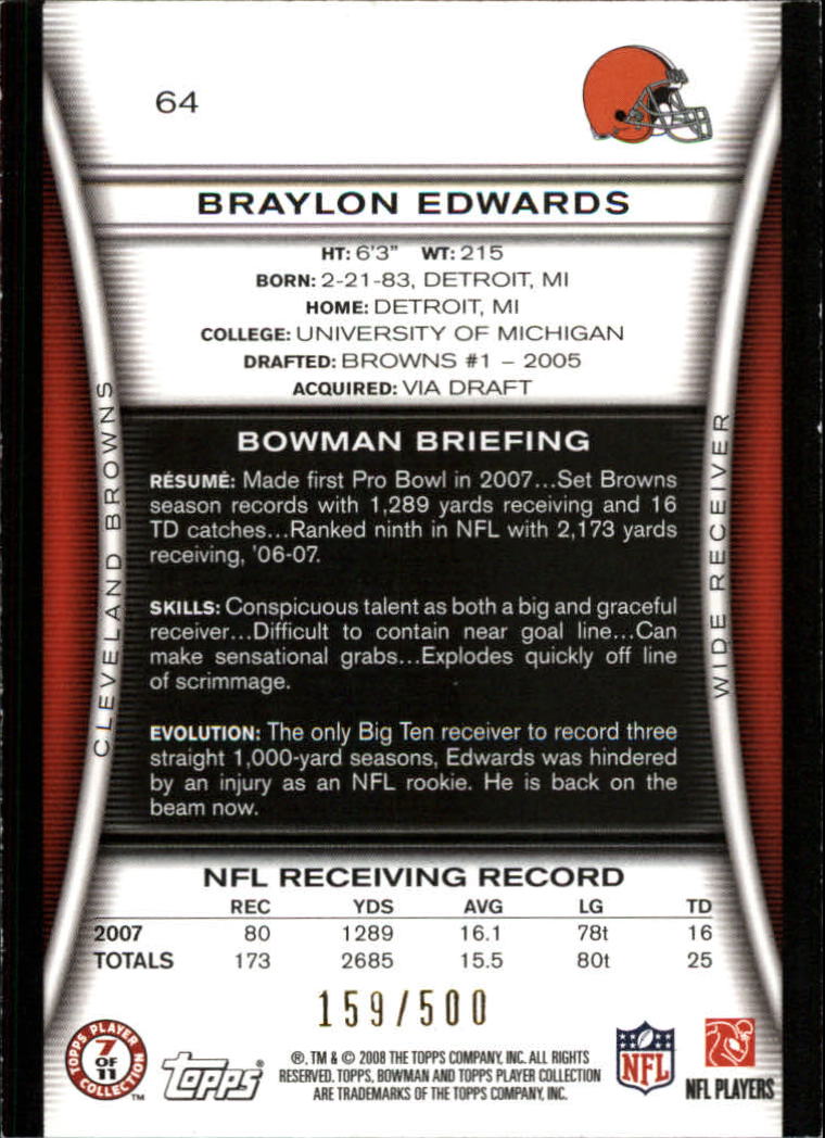 2008 Bowman Blue #64 Braylon Edwards back image