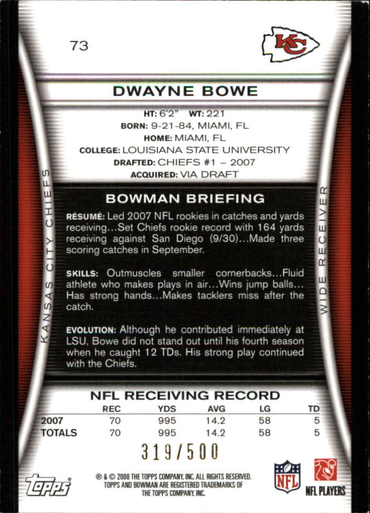 2008 Bowman Blue #73 Dwayne Bowe back image