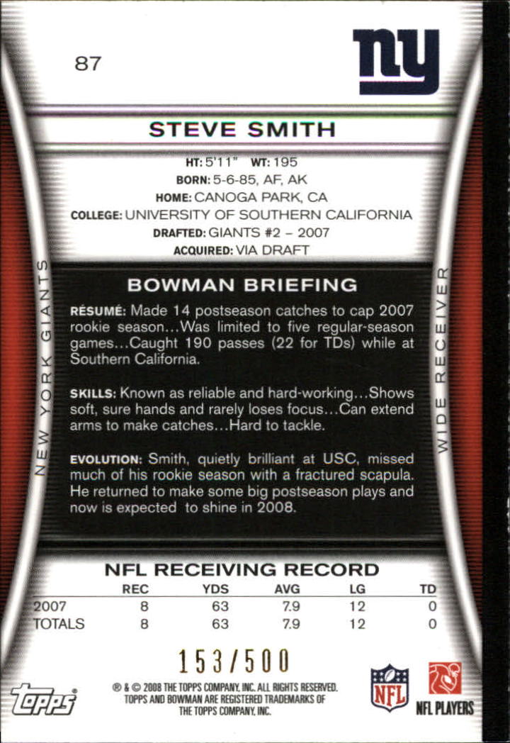2008 Bowman Blue #87 Steve Smith USC back image