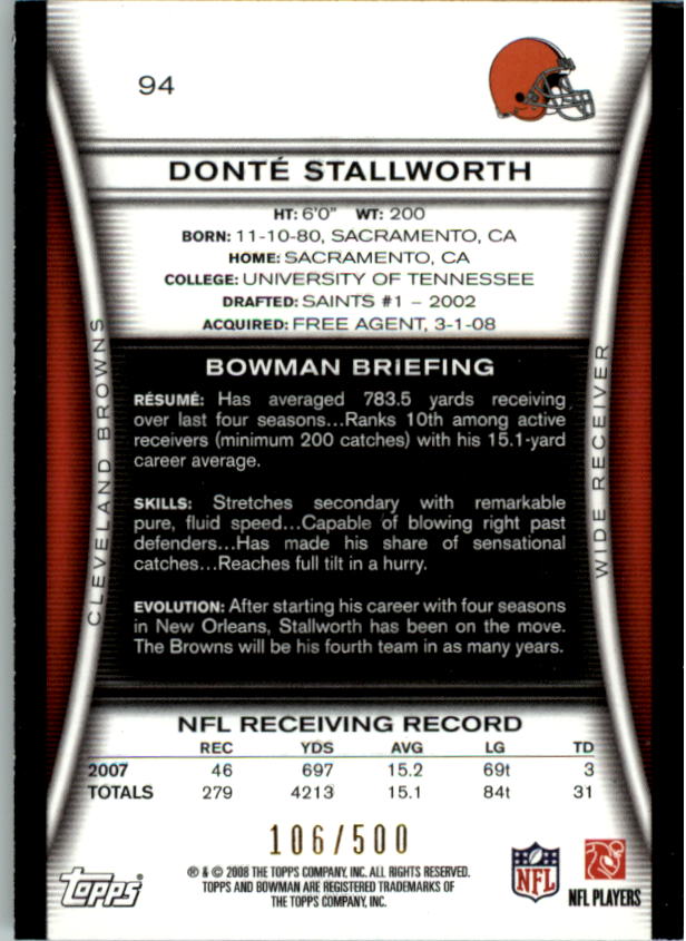 2008 Bowman Blue #94 Donte Stallworth back image