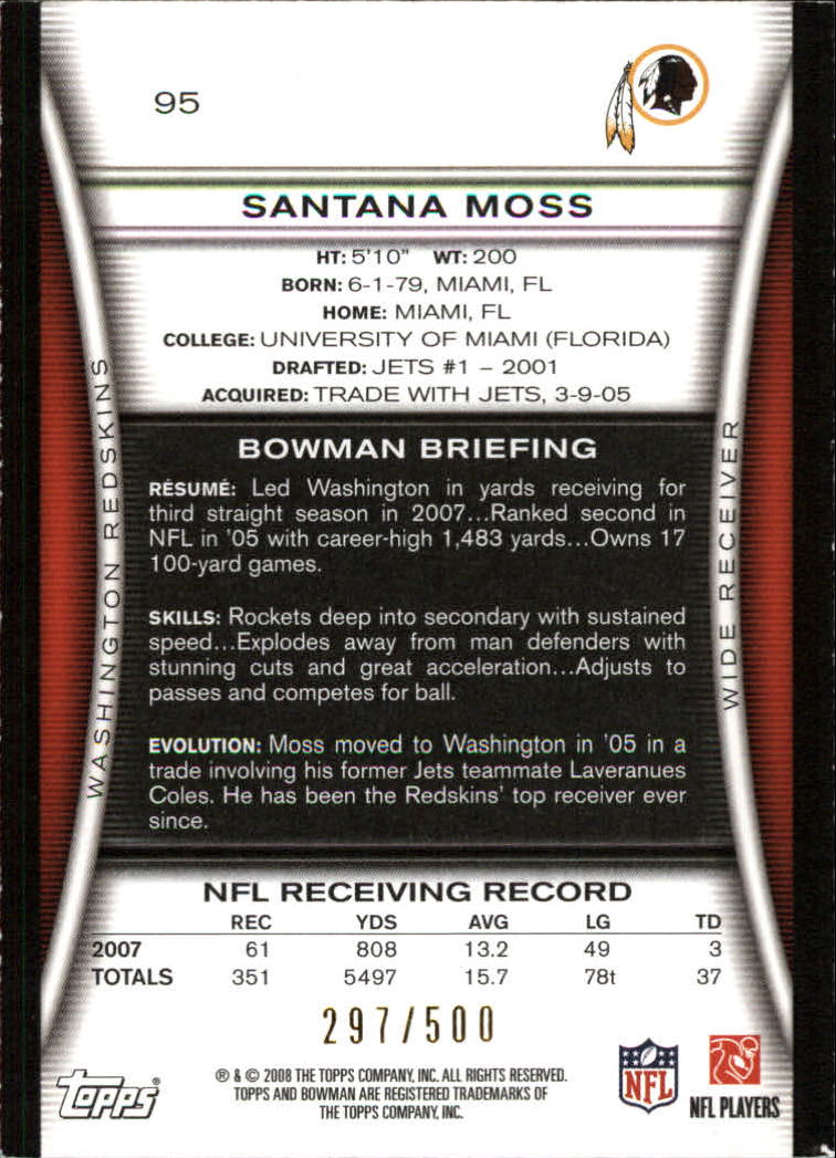 2008 Bowman Blue #95 Santana Moss back image