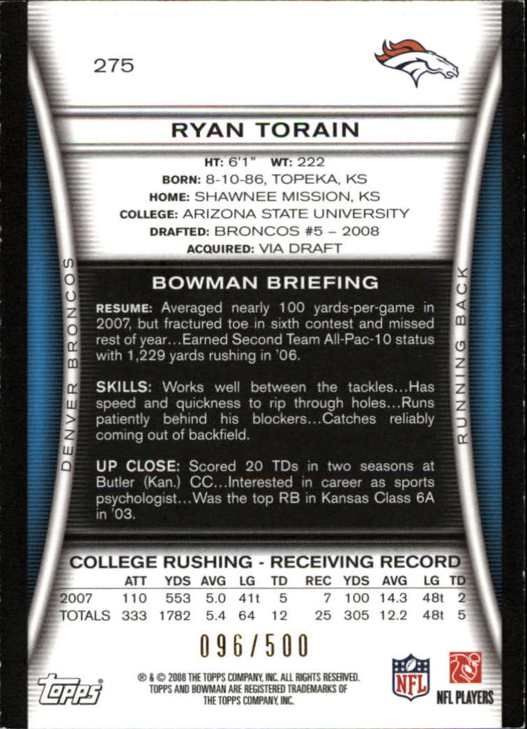 2008 Bowman Blue #275 Ryan Torain back image