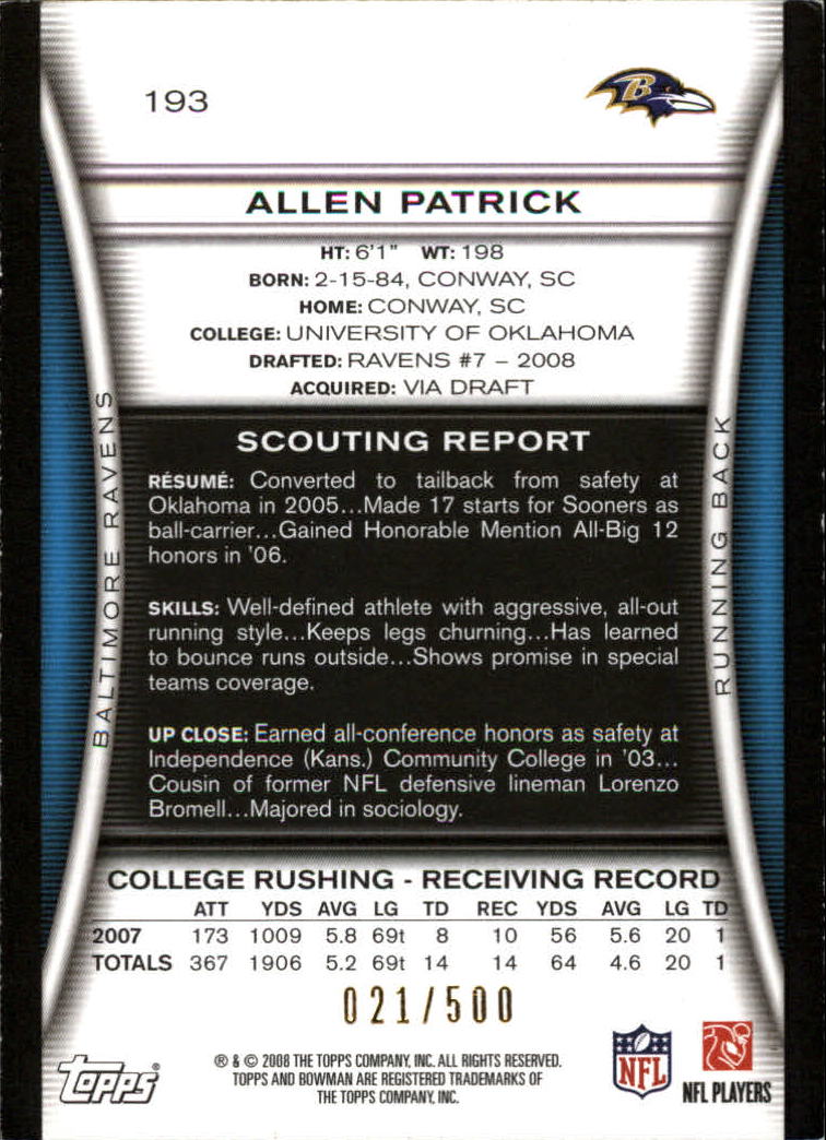2008 Bowman Blue #193 Allen Patrick back image
