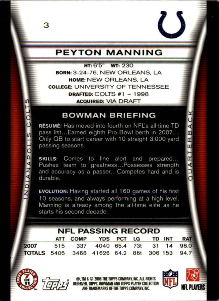 2008 Bowman Gold #3 Peyton Manning back image