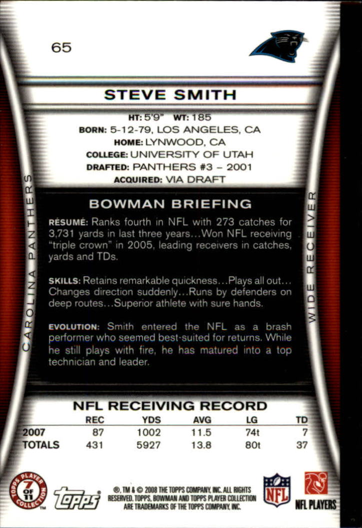 2008 Bowman Gold #65 Steve Smith back image