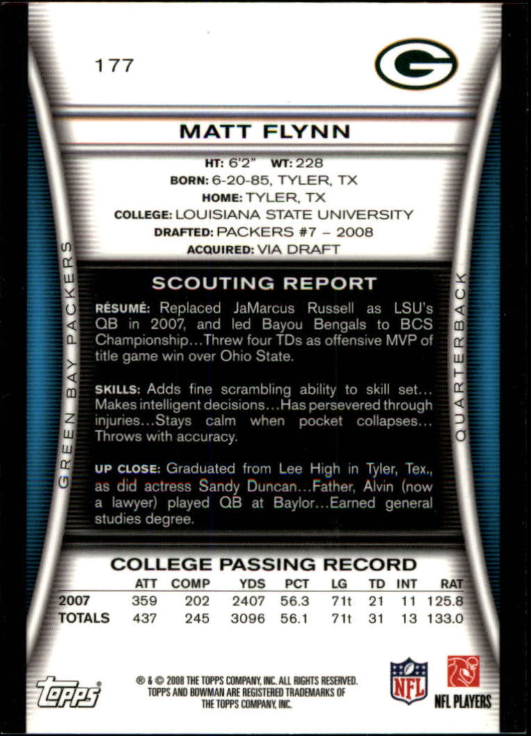 2008 Bowman Gold #177 Matt Flynn back image