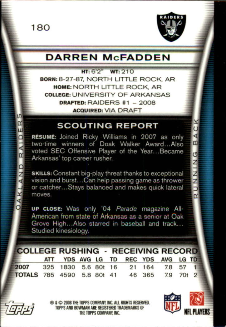 2008 Bowman Gold #180 Darren McFadden back image