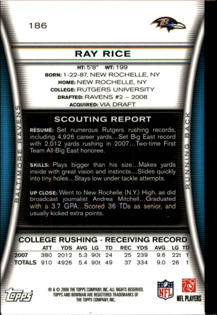 2008 Bowman Gold #186 Ray Rice back image