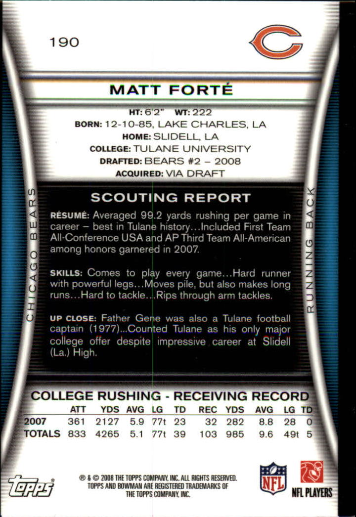 2008 Bowman Gold #190 Matt Forte back image