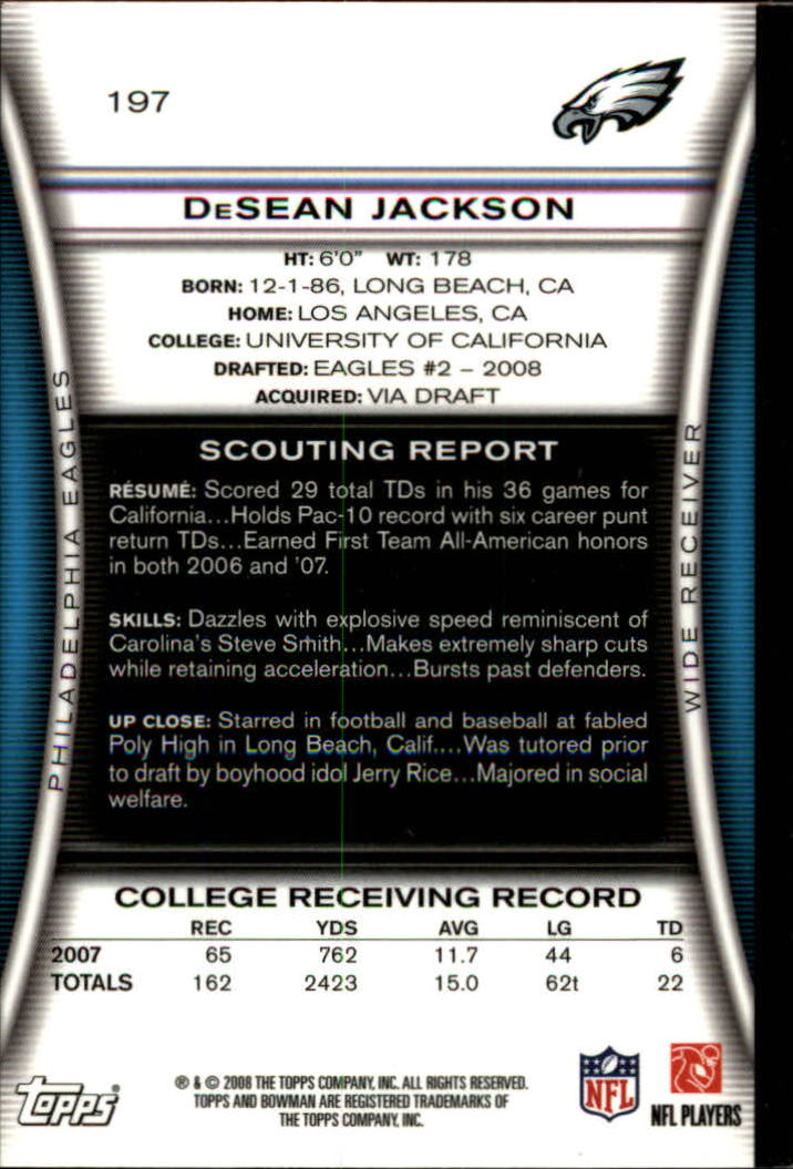 2008 Bowman Gold #197 DeSean Jackson back image