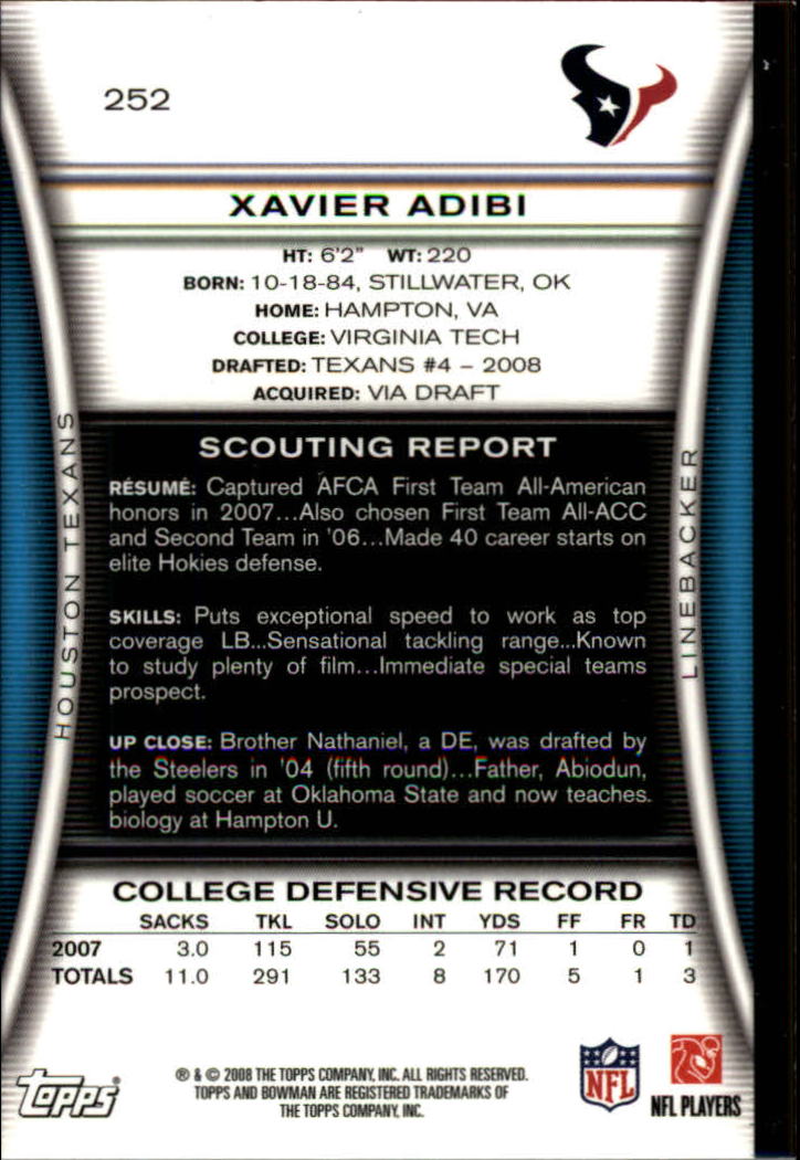 A5003- 2008 Bowman Football Cards 251-275 +Inserts -You Pick- 15+ FREE US SHIP - Picture 325 of 374