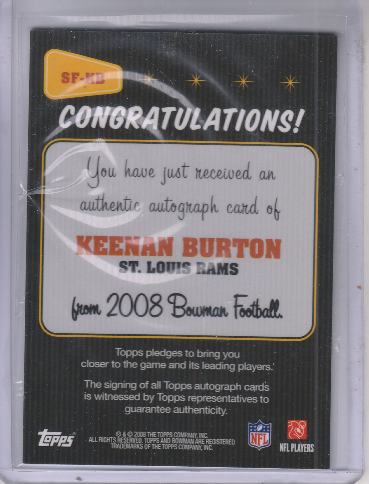 2008 Bowman Signs of the Future #SFKB Keenan Burton D back image